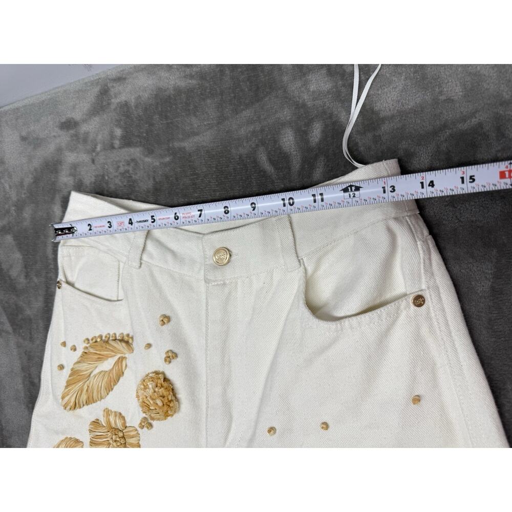 Cult Gaia Jarli White Raffia Appliqué High Rise Wide Leg Jeans XS - Picture 12 of 16